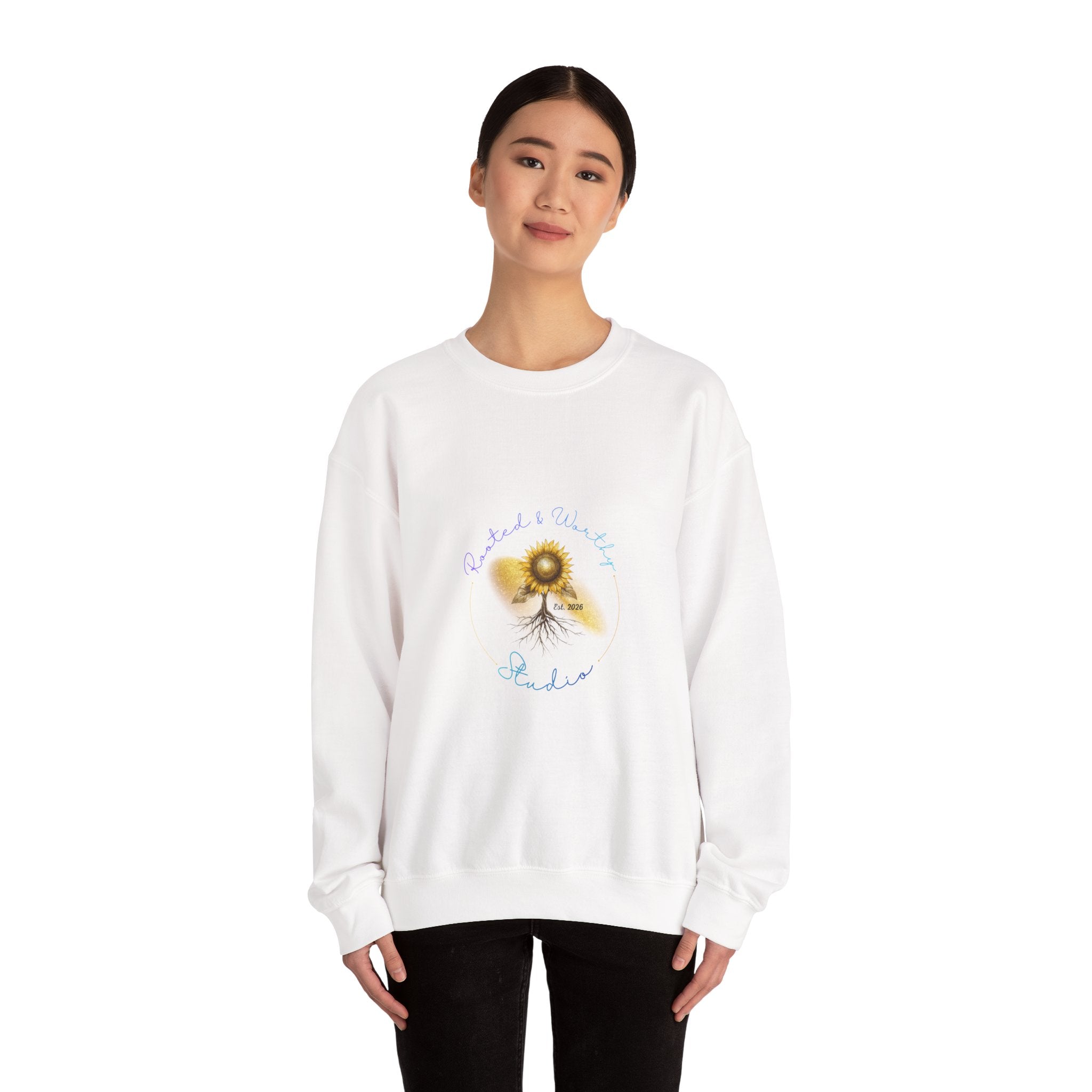 Sunflower Roots Crewneck Sweatshirt — "Rooted" Inspirational Floral Pullover
